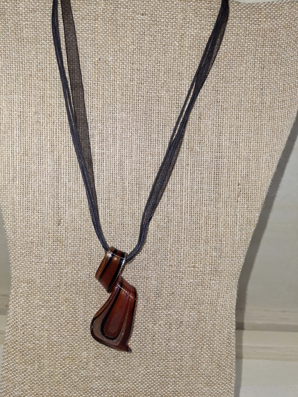 Handmade Brown Glass Pendant Necklace on Black Ribbon